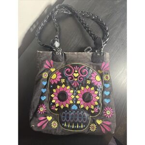 Loungefly Embroidered Sugar Skull Tote Black Denim Faux Leather Jean Bag